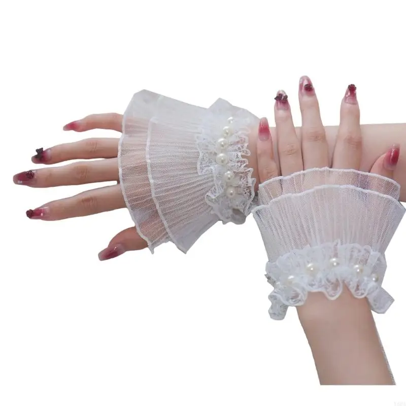 Y88A Flower Lace Hand Sleeves For Nails Artists Artificial Pearls Decors Lace Flower Arm Sleeves Photography Accessory Cuffs