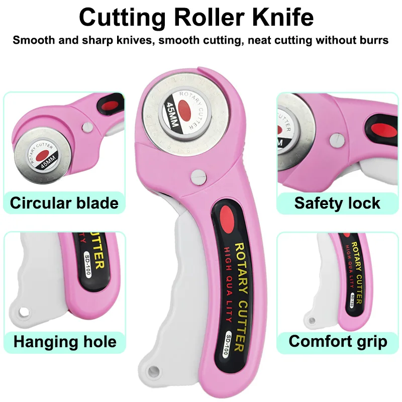 45mm fabric rotary cutter, ergonomic roller-type cutter, with safety locking device, for hand sewing and paper art