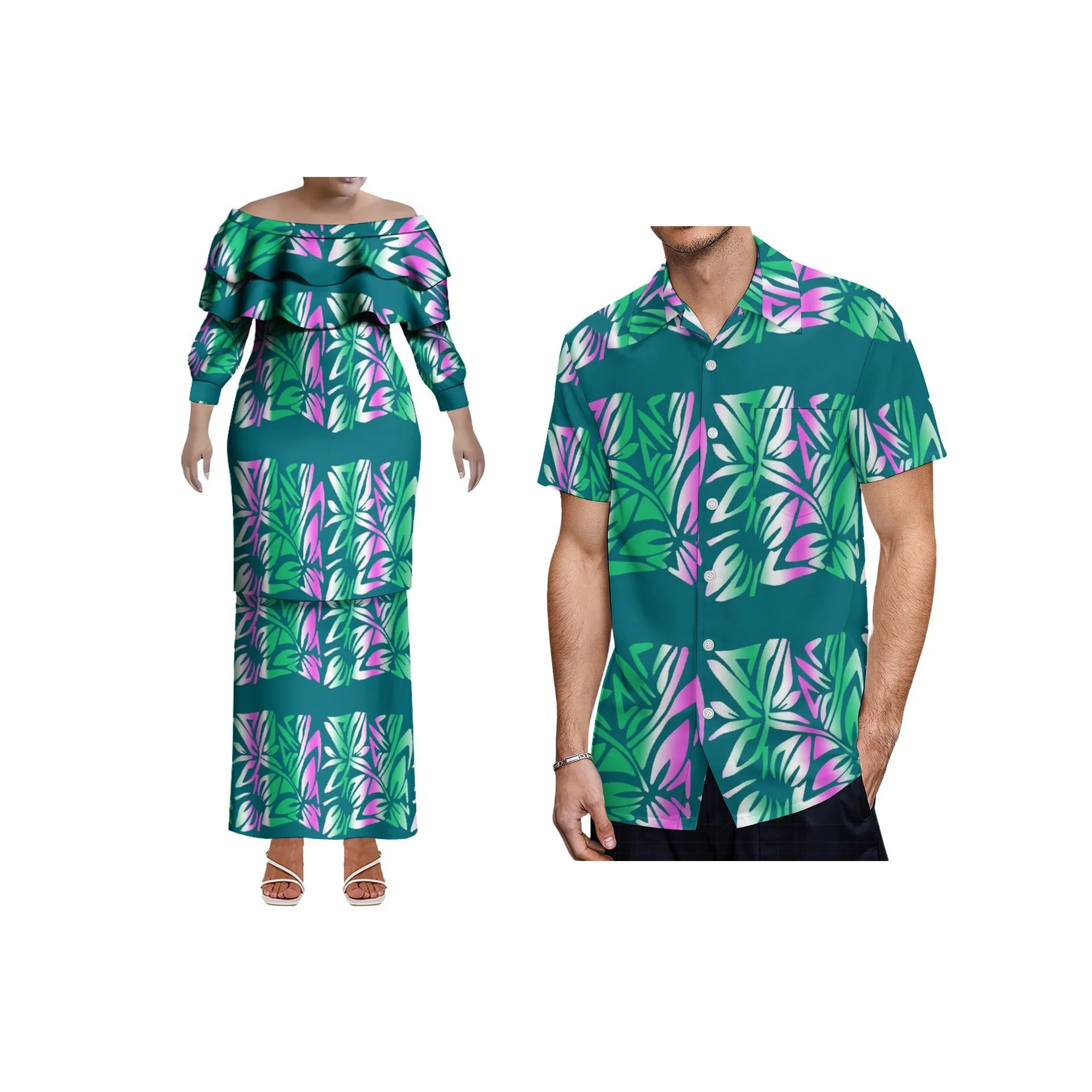2025 novo estilo design personalizado fora do ombro xale vestido samoa puletasi vestido plus size feminino dupla camada babado vestido 2 peças