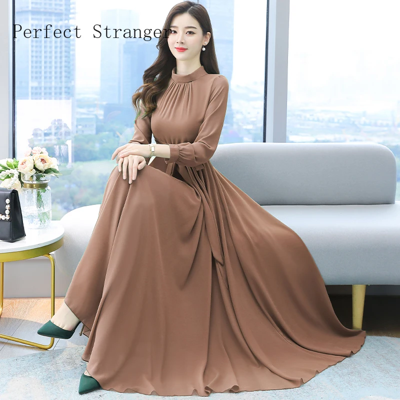 

2024 Spring Autumn Vestidos New Arrival High Quality S-4XL Stand Collar Solid Color Long Sleeve Women Chiffon Long Dress