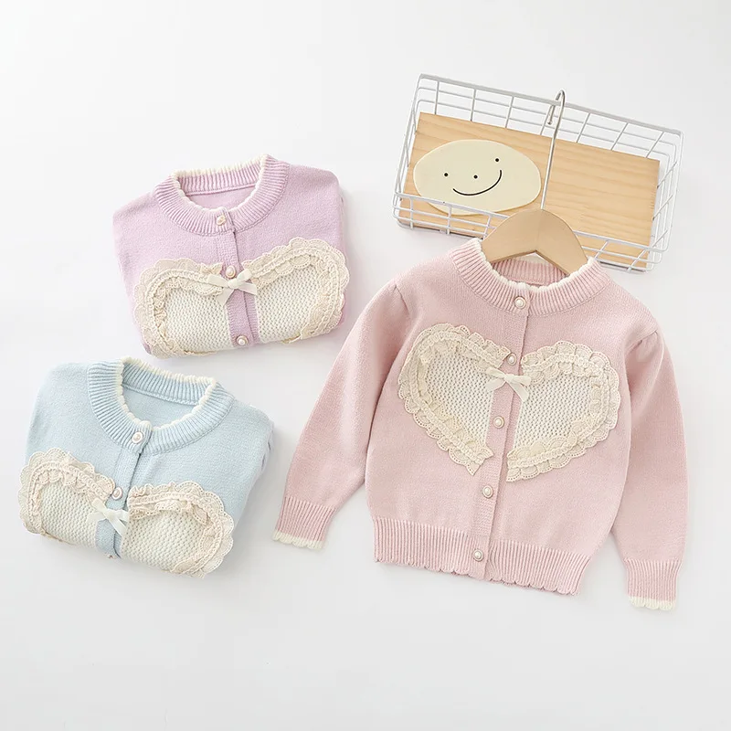 Lace Heart Sweaters for Girl Winter Clothes Ruffled Fashion New Children Roundneck Warm Soft Kids Knitted Costom Ribbons HY07171
