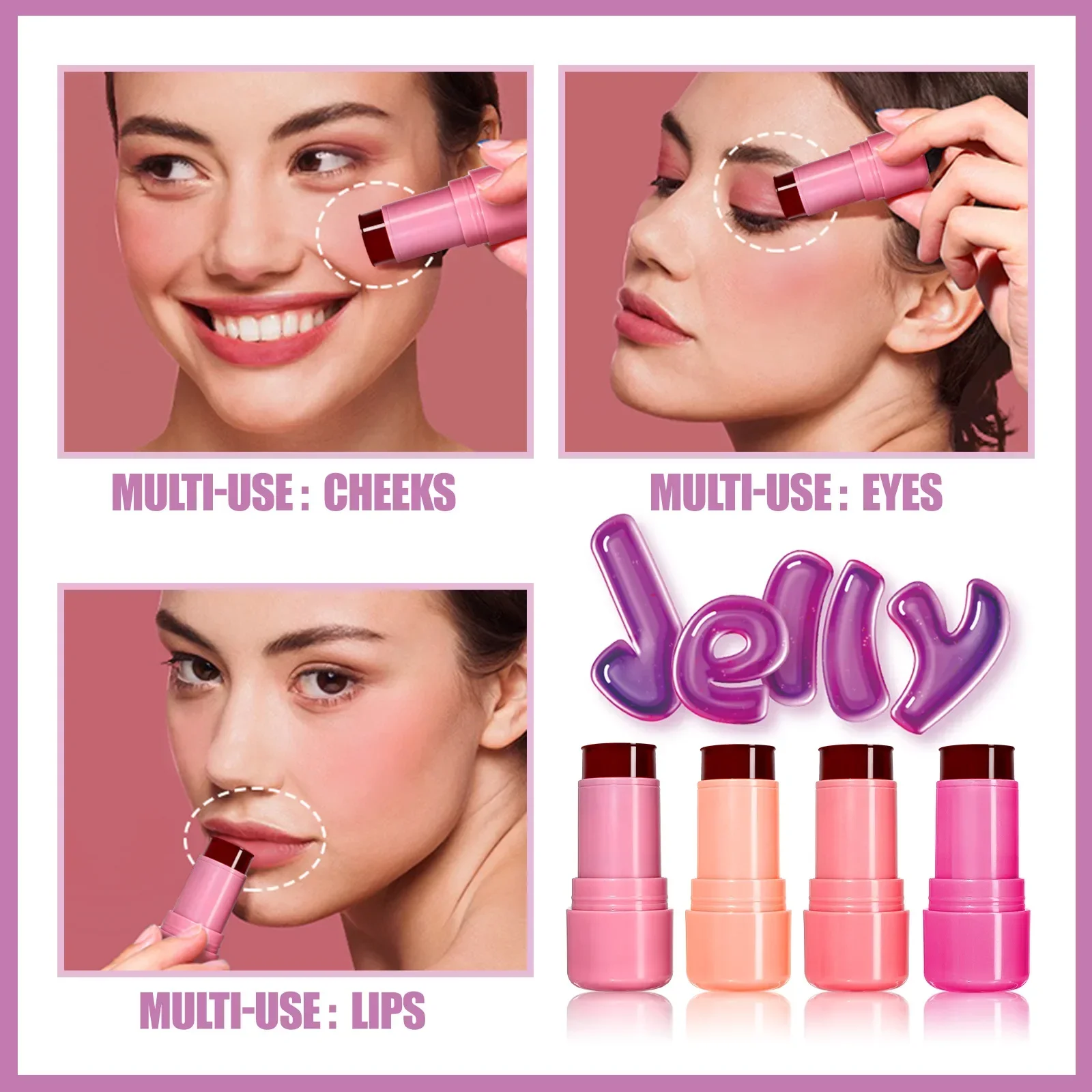 4 Color Multi-Purpose Jelly Blush Stick Lip And Cheek Stick Sheer Tint Cooling Water Blush Long-Lasting Natural Look Makeup