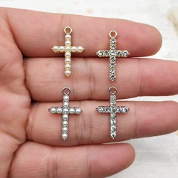 10pcs Pearl Crystal Cross Charm for Jewelry Making Enamel Necklace Keychain Phone Pendant Diy Accessories Alloy Metal