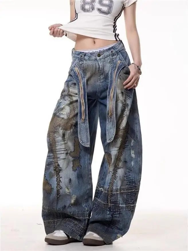 

Retro Faded Wide Leg Jeans Women's Summer Spicy Needle Embroidery Knife Denim Pants High Waist Asymmetric Casual Cotton