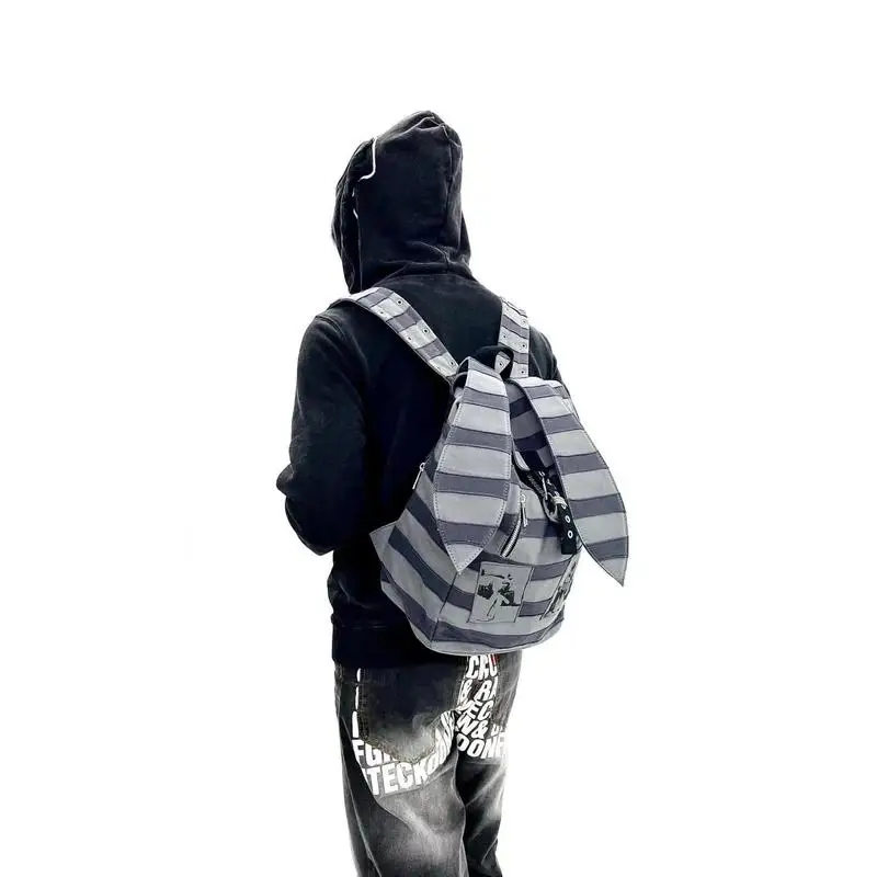 SAUCE Punk Rock Culture Patchwork Stripe Splicing Rabbit Ear Backpack Youth Casual Printed Shoulder Bag British Style Daily Use