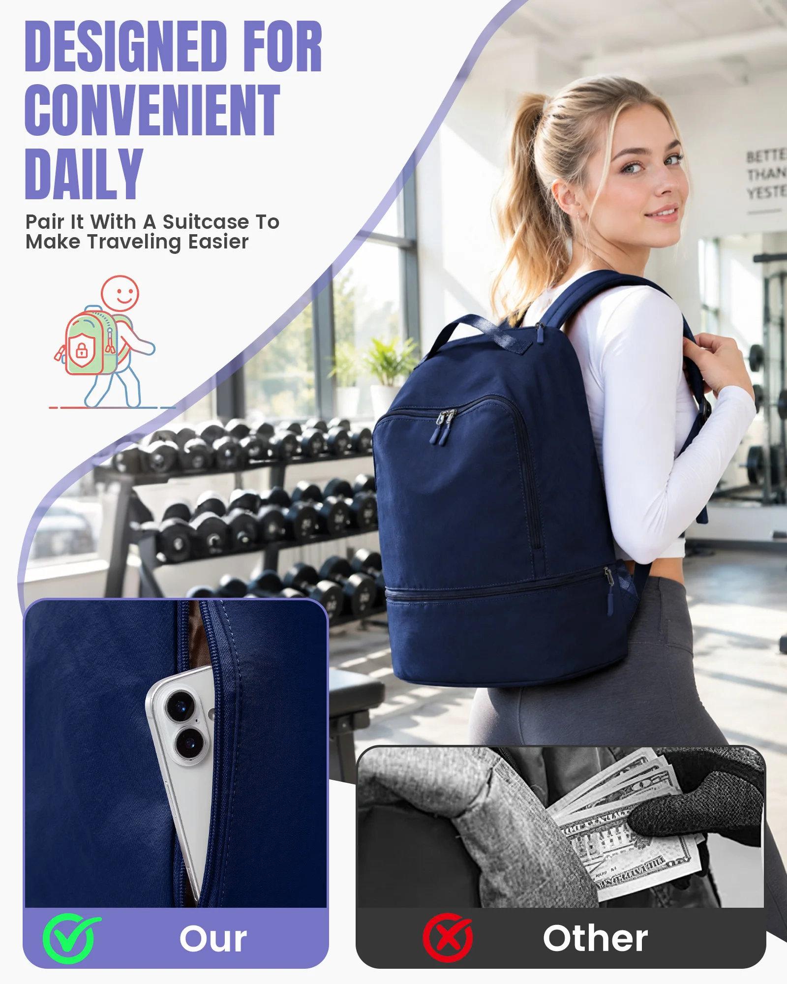 Sportrucksack, Tennistasche, Fassungsvermögen für 2 Schläger, mit Schuhfach, Reiserucksack, Sport- und Fitnessrucksack für Tennis und Pickleball. – Detail 5