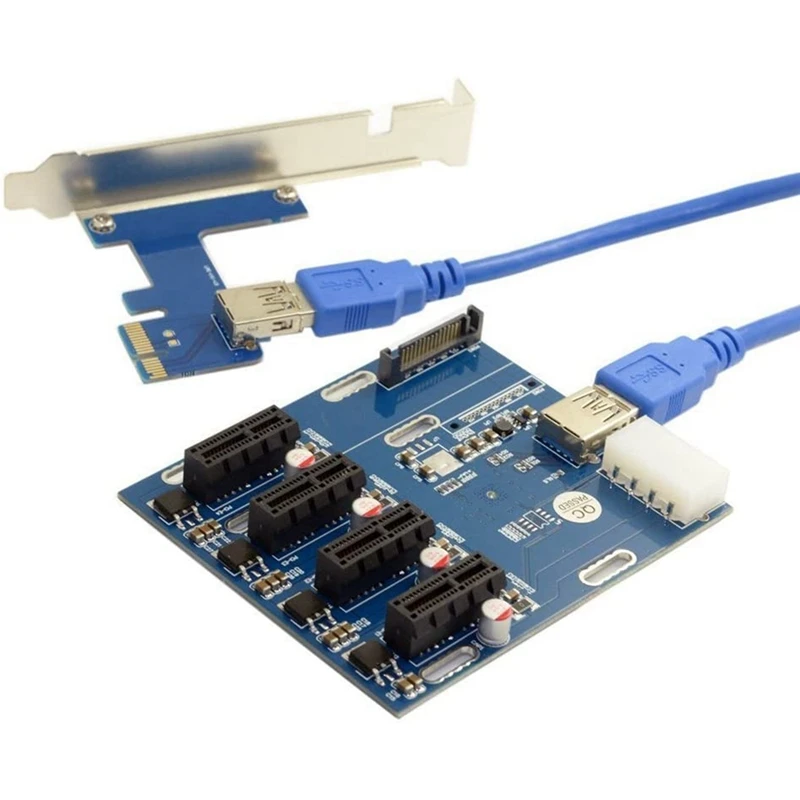 1 Pcs PCI-E 1 To 4 Expansion Card PCI-E 1X To 16X 4 Port Adapter & 1 Set PCI-E 1X To 4 Port 1X Riser Adapter