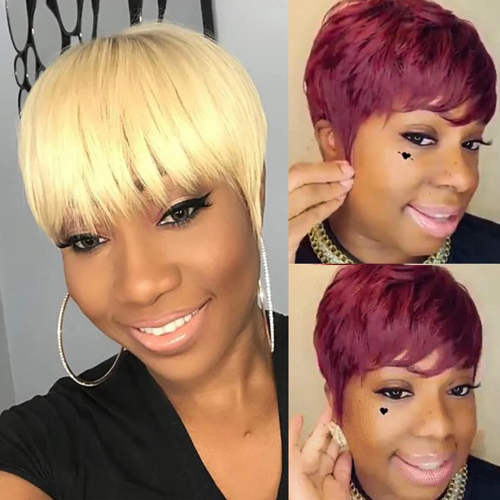 

Парик пикси-каре для женщин, короткий парик из натуральных волос с челкой, полностью машинной работы, короткий парик-боб, цвет 613, 6 дюймов