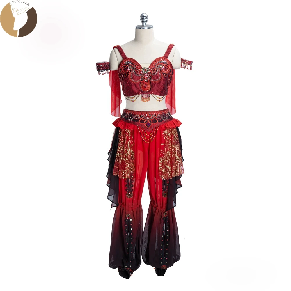 FLTOTURE  The Arab Dancewear Red Chiffon Pants Girls Adult Custom Ballet Variation La Bayadère Performance Costumes For Sale