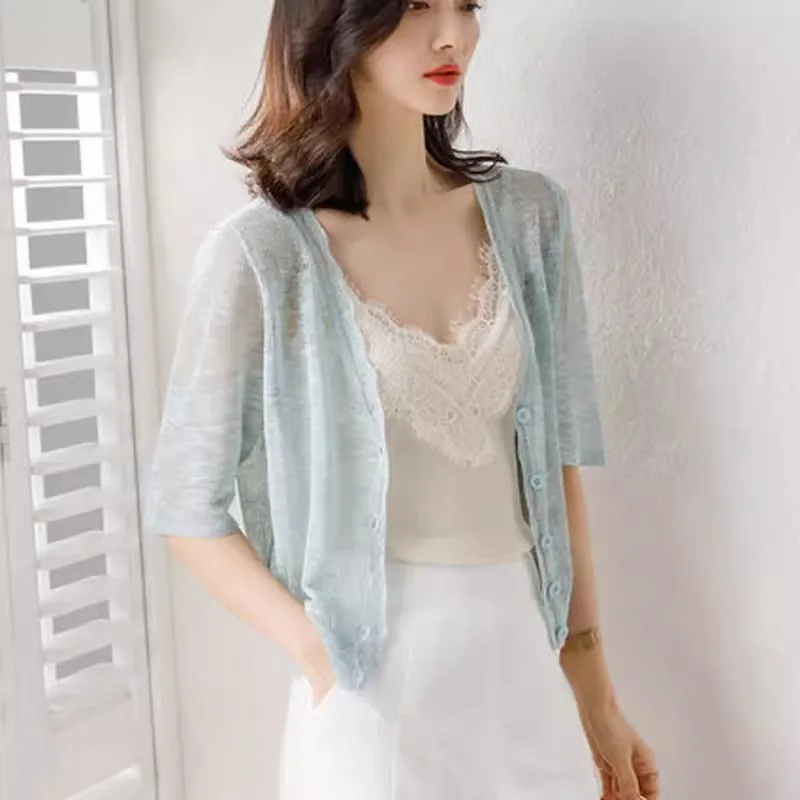 

Summer V Neck Thin Short Cardigan Jacket Women Casual Loose Ice Silk Knitted Cardigans Lady Bigsize Sweater Coat Sunscreen shirt