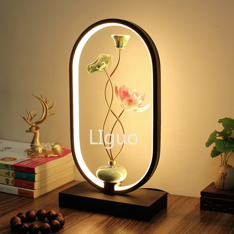 

New Chinese Style Bedroom Bedside Table Lamp Lotus Bedside Lamp Master Bedroom Decoration Personality Smart Home Table Lamp