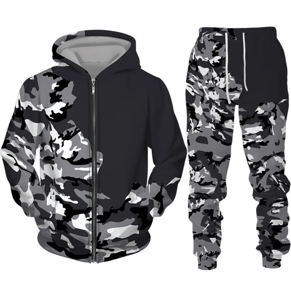 Mens 3D Digital Print Sweatshirt Jacket Street Sports Loose Casual 2 Piece Set Streetwear