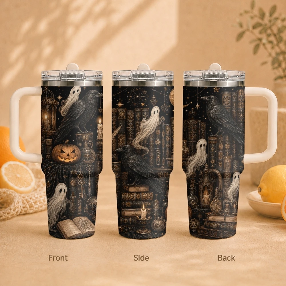 The Halloween Ghost Library Vacuum Flasks 40oz Vacuum Insulated Travel Mug - Stainless Steel Straw Cup Lid