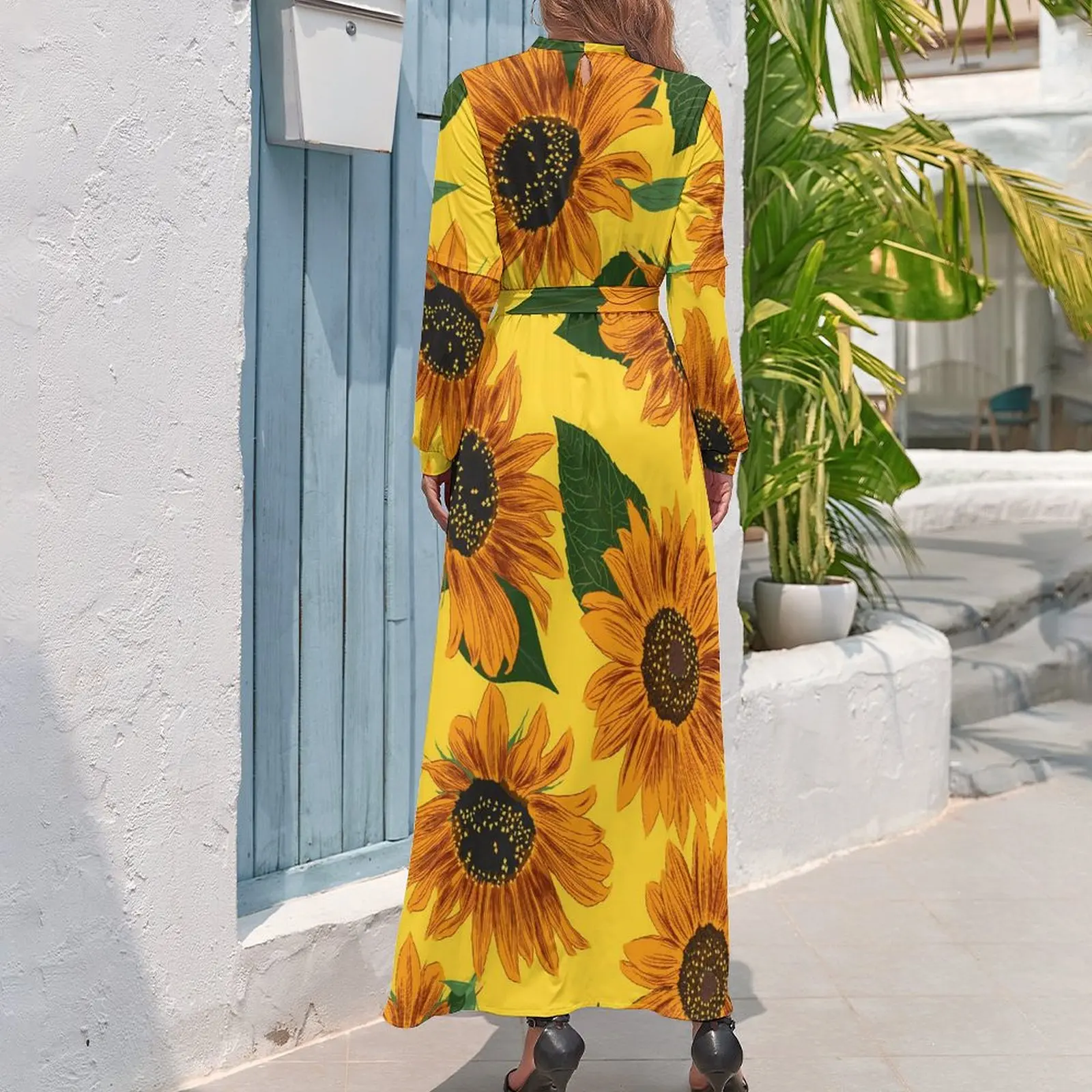 Sonnenblumen muster Kleid Blätter und Blumen Street Style Boho Strand kleider Frauen Langarm hohe Taille sexy lange Maxi kleid