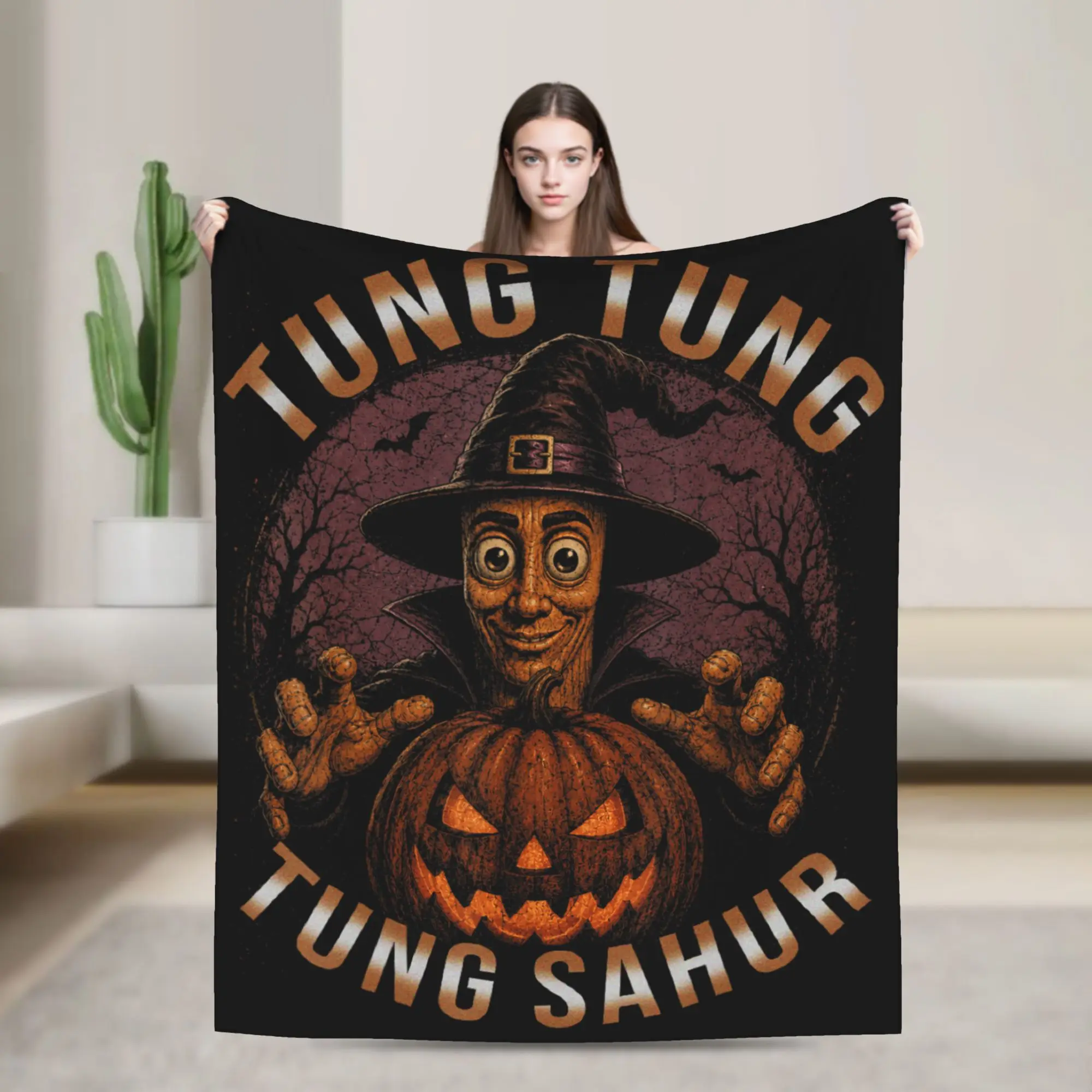 Tung Tung Sahur Halloween Pumpkin Scary Vintage Costume Blanket Boy Girl Flannel Bedding Throws For Couch Bed Quality Bedspread
