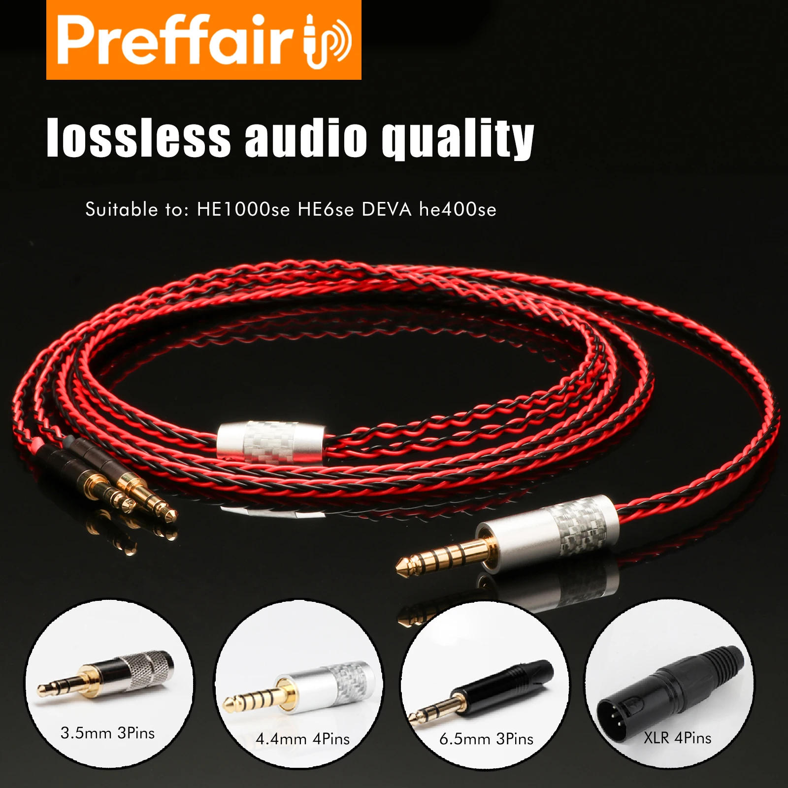 Preffair Red Black 8core OCC Headphone Cable For HE1000se HE6se DEVA he400se HiFi Headset Cord with 2.5/3.5/4.4/6.35mm 4pin XLR