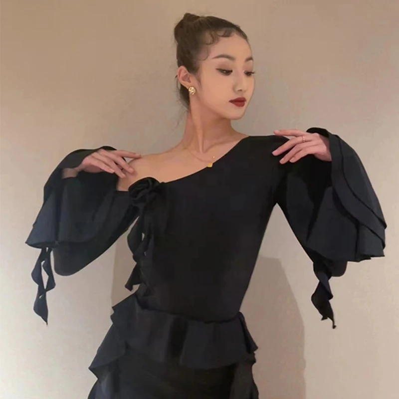 

Modern Bllroom Dance Clothes Flower Black Long Sleeves Tops Practice Wear Rumba Samba Cha Cha Latin Dance Wear Adult DNV19226