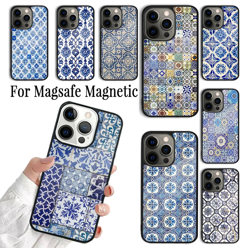 Coque Phone Case For iPhone 16 15 14 13 12 Mini 11 Pro Max Plus Magsafe Magnetic Wireless Charging Cover Moroccan Tiles Pattern