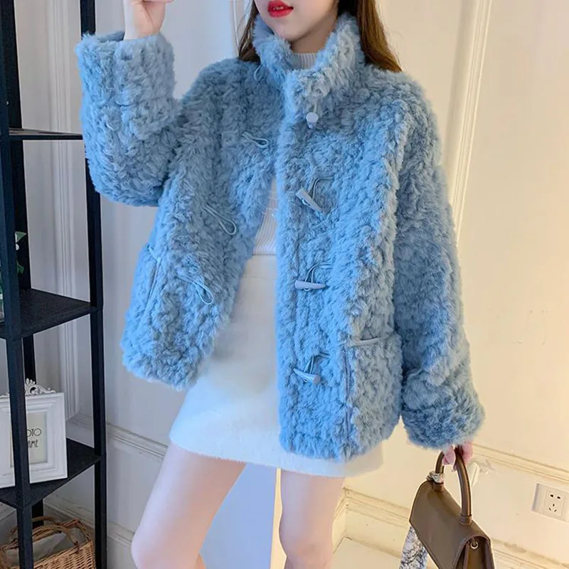 Winter Lamb's Wool Jacket Warm Faux Fur Coat Collar Short Outerwear Fur Coat Tweed Coat Cowl Button Korean Chic Women Clothing