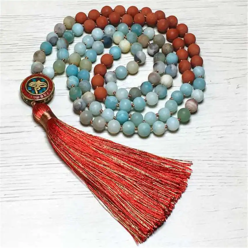 

Natural Amazonite & Red Agate Mala Beads Necklace 108 Beads with Red Tassel & Buddha Pendant Healing Crystal Jewelry