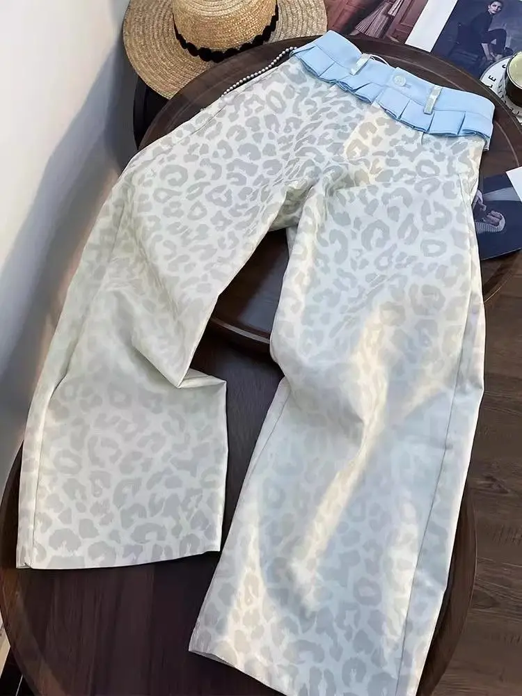 Calça jeans reta lavada americana, saia com estampa de leopardo, emenda y2k, novo nicho retrô feminino, design solto, calças de pernas largas
