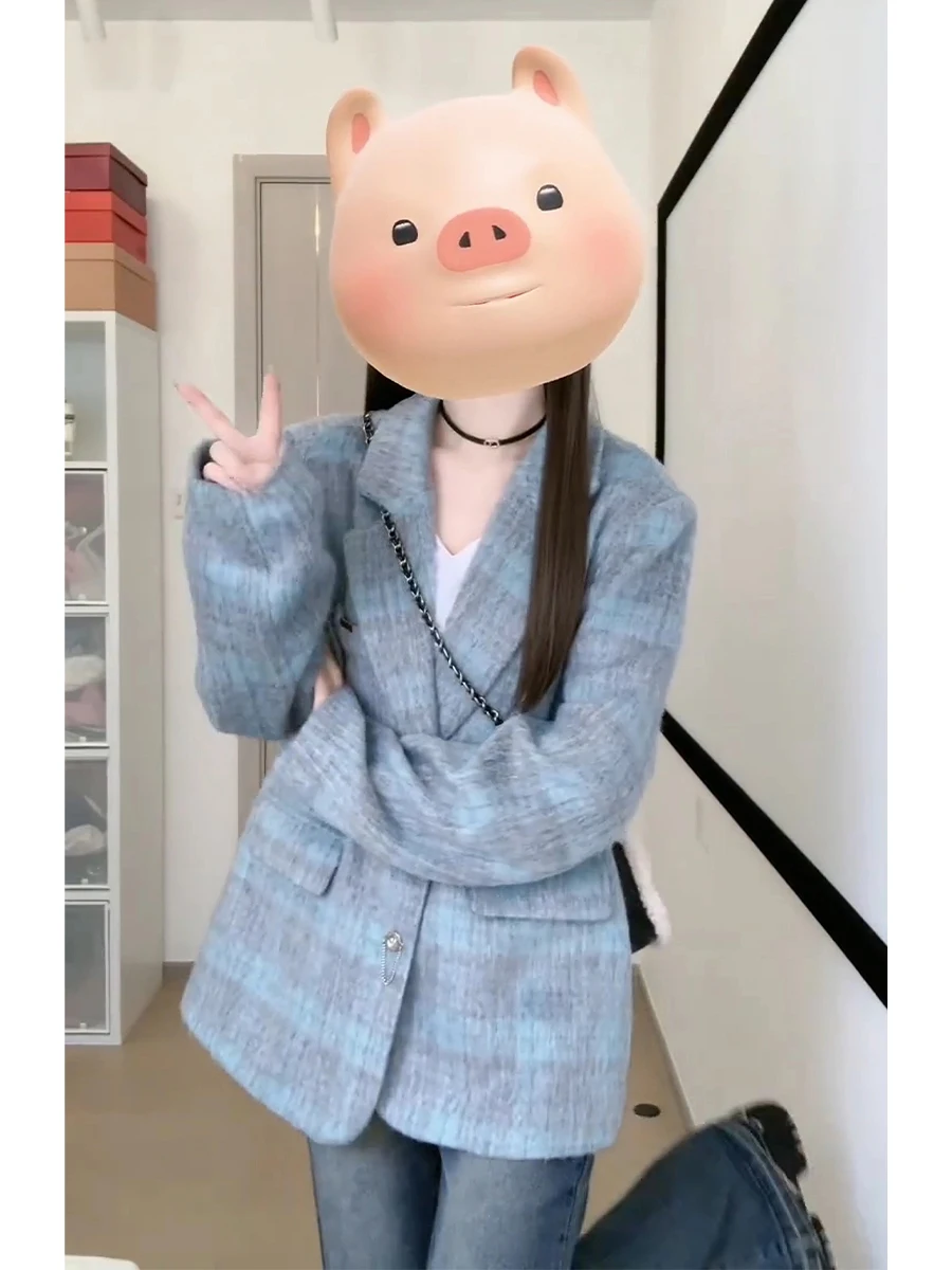 Blue Plaid Woolen Suit Jacket Women's Loose Style Fashionable Korean Version Autumn Winter New Arrival Quality Commute Wind