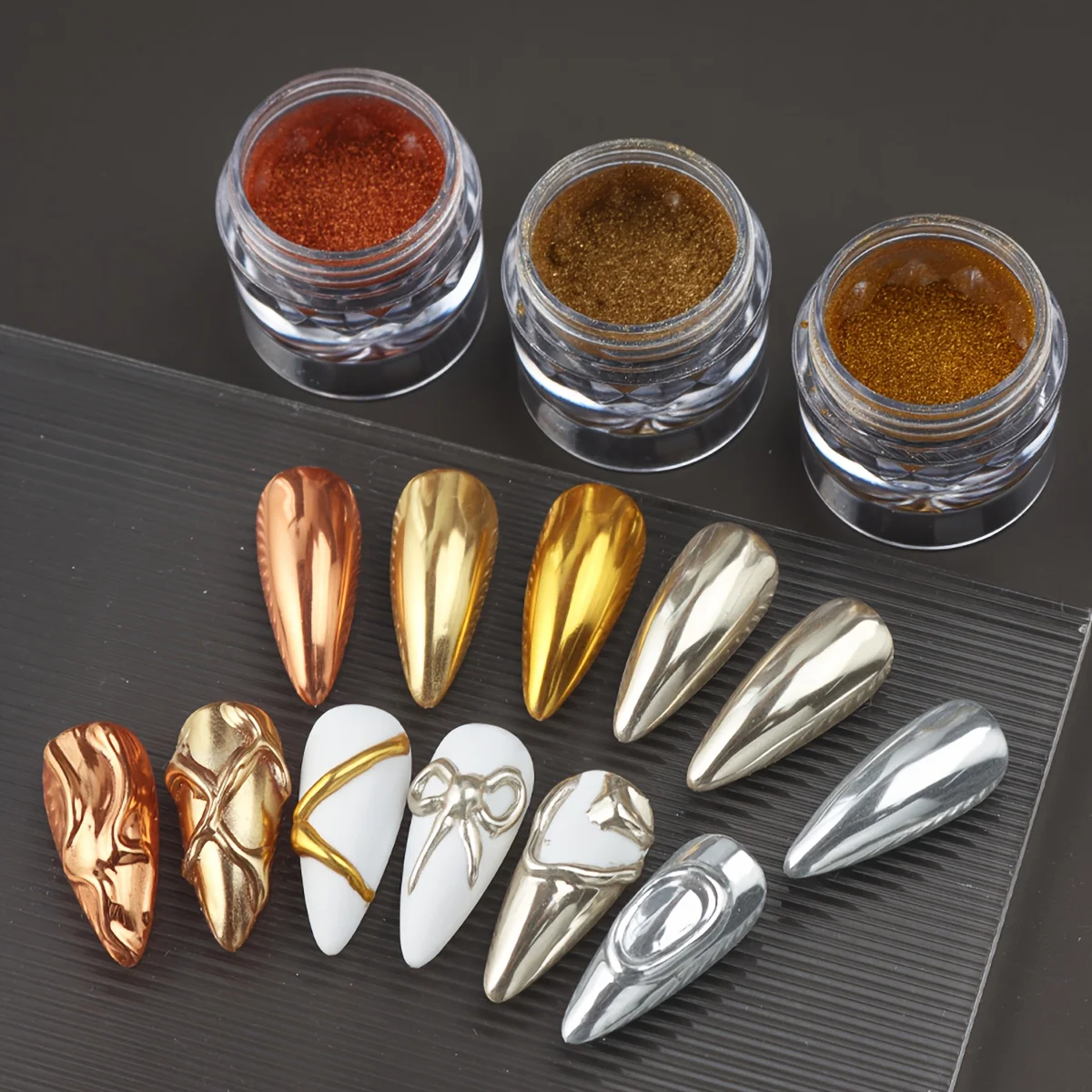 1/6 لون كروم مسحوق الأظافر ذهبي فضي مشرق تأثير معدني مسحوق الكروم للأظافر ، مرآة ثلاثية الأبعاد بريق الغبار كي