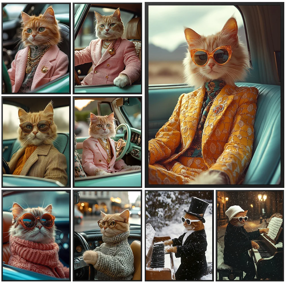 Car & Piano Scene Pet Poster And Print,Sophisticated Cat In Vintage Outfit Canvas Wall Decor,Dapper Gentleman Cat In Suit Poster