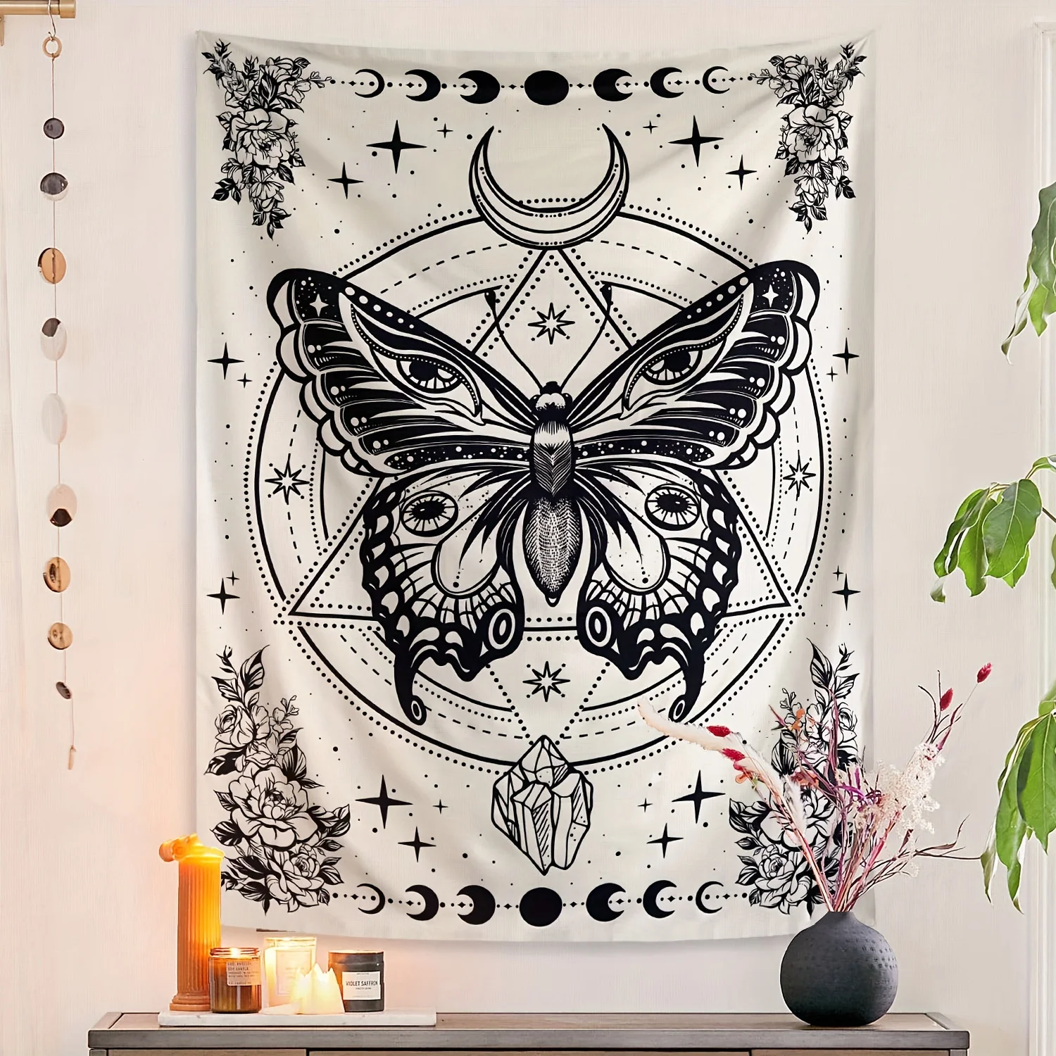 1pc Vertical Hanging Black-White Bohemian Butterfly & Moth Tapestry | Retro Gothic Wall Decor with Wing & Floral Pattern