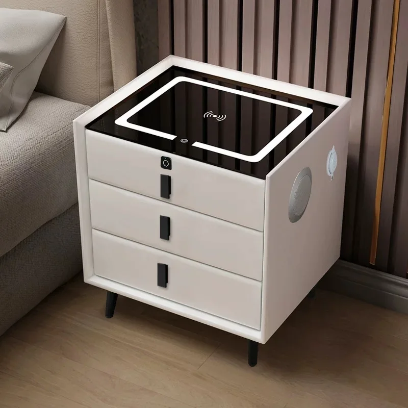 Modern luxury wood smart bedside table with LED wireless charging function gray room bedroom with drawers locker floating