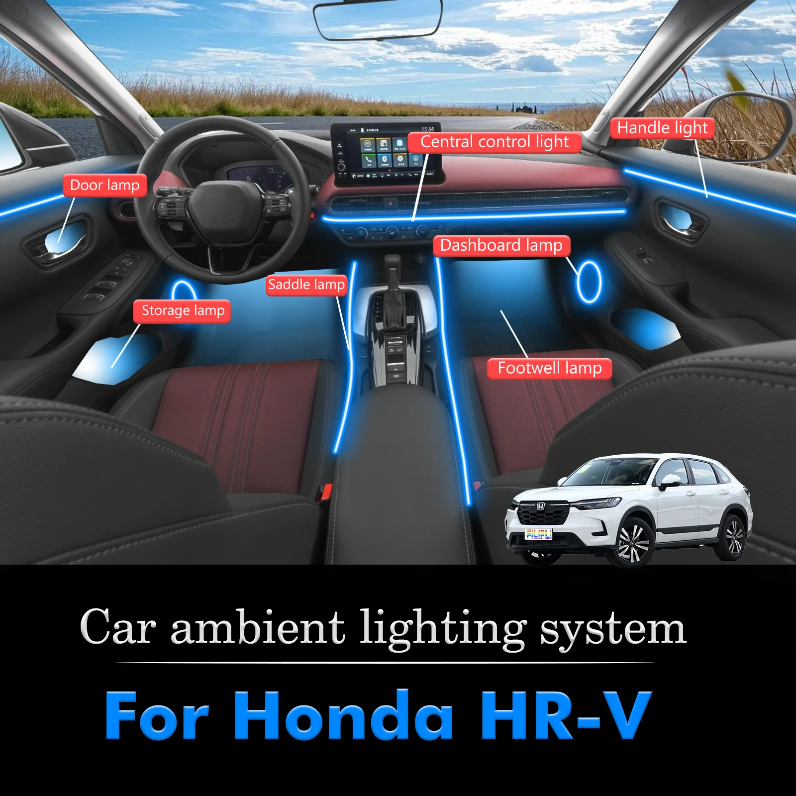 

For Honda HR-V Car Interior Decorative Ambient Light RGB 64-Color LED Smart Remote Control Energy Saving Efficient Kit