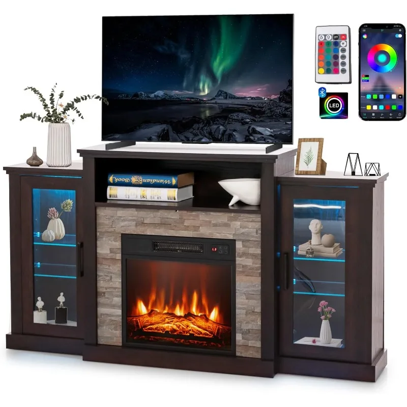 Electric Fireplace TV Stand for 65in+ Tv, 19‘’ Fireplace with Mantel, Entertainment Center with 16 Color LED Lights