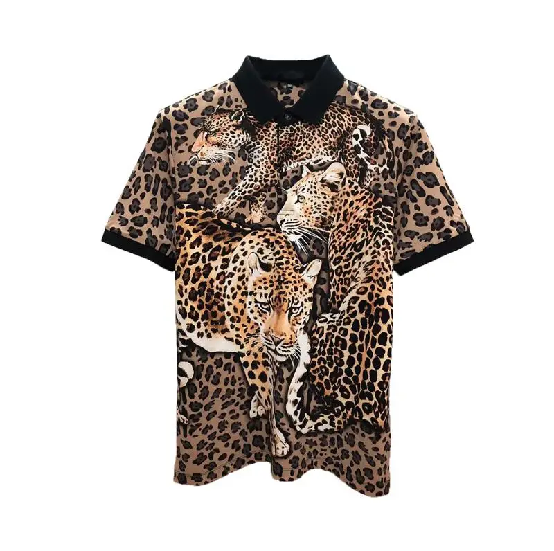 European and American men\'s 2023 summer new Lapel short sleeves fashion Leopard print T-shirt