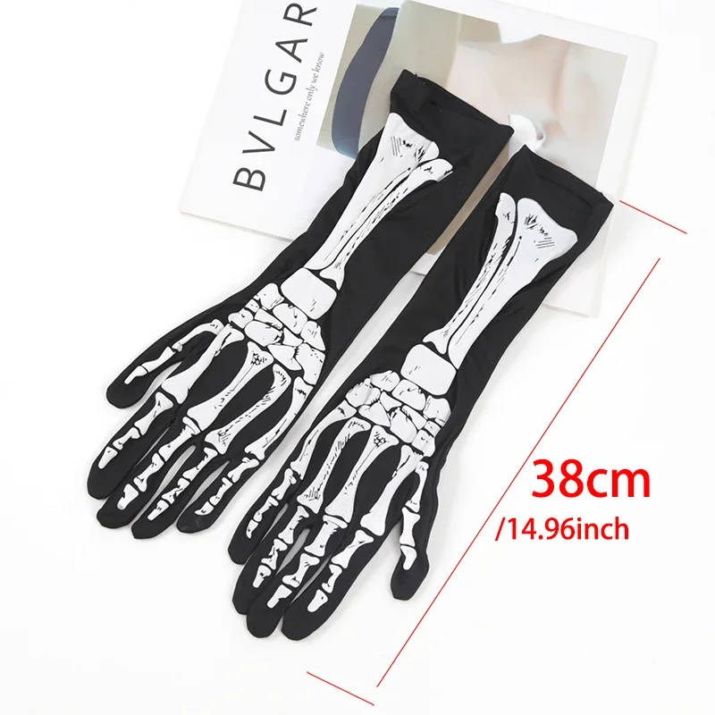 Black Punk Long Gloves Unisex Halloween Skeleton Skull Half Finger GlovesFingerless Stretch Goth Cosplay Accessories Mittens