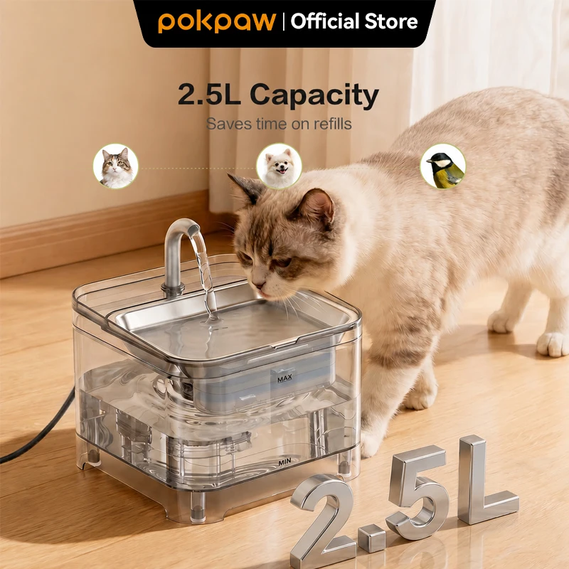 

POKPAW 2.5L Cat Water Fountain Pet Water Dispenser USB Ultra Quiet Drinking Fountain Water-Electric Separation Detachable