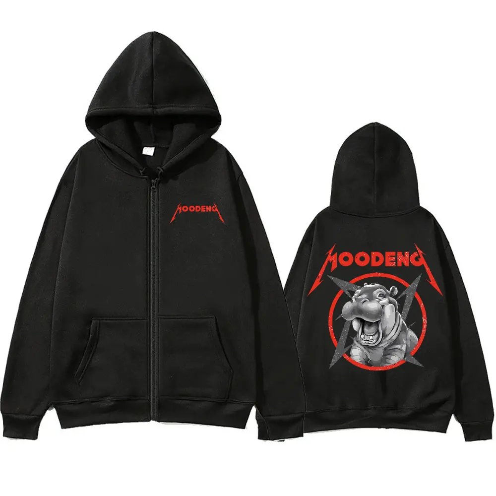 Moo Deng Gothic Rock Heavy Metal Zipper Hoodie Baby Hippo Funny Meme Zip Up Jacket Men Women Fashion Oversized Zip Up Hoodies