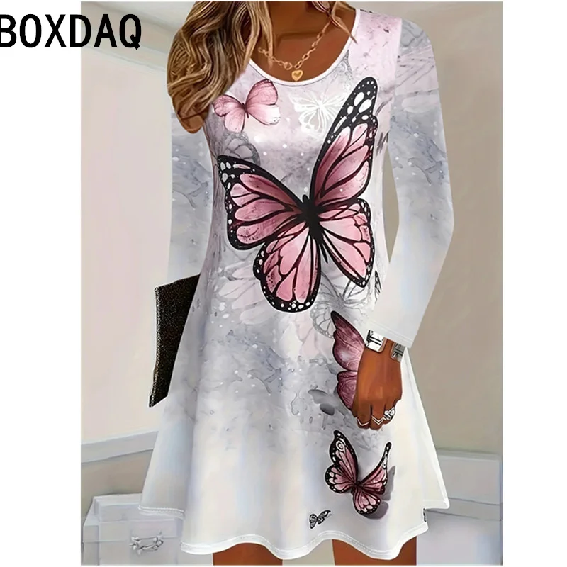 Nuovo abito a maniche lunghe da donna Abito con motivo floreale a farfalla 3D Abito da donna elegante retrò casual a-line Abiti di grandi dimensioni 3XL