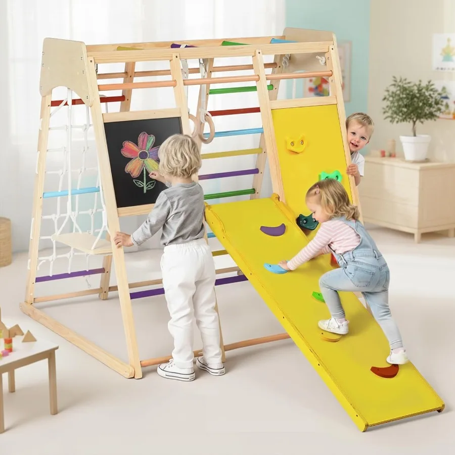 

Kinder King 10-in-1 Wooden Climbing Toys Toddler Jungle Gym w/Drawing Board Slide Climbing Rock Net Ladder Monkey Bars Swing Gy