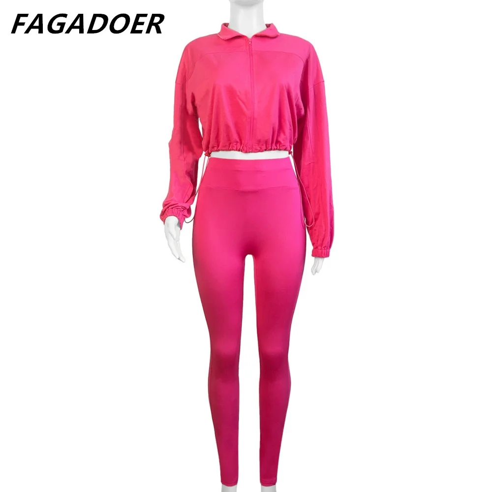 FAGADOER-Conjuntos femininos de duas peças, fatos de treino casuais, manga comprida, top de cordão, calças magras, roupas monocromáticas, zíper, roupas femininas