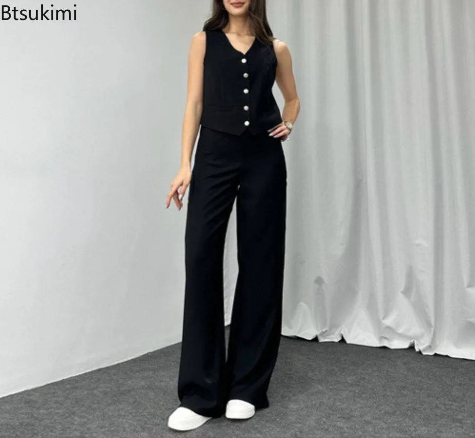Summer New Long Pants Suit Women's Fashion V-neck Single-breasted Vest Wide Leg Pants Casual Two Piece Sets Women Matching Sets