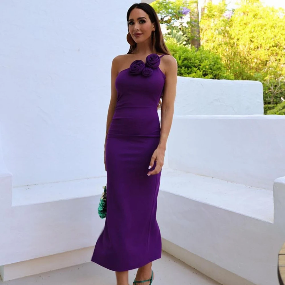 

One Shoulder Straight Purple Matte Satin Woman Clothing Ankle Length Evening Dress With Flowers Ever Pretty Prom Dresses
