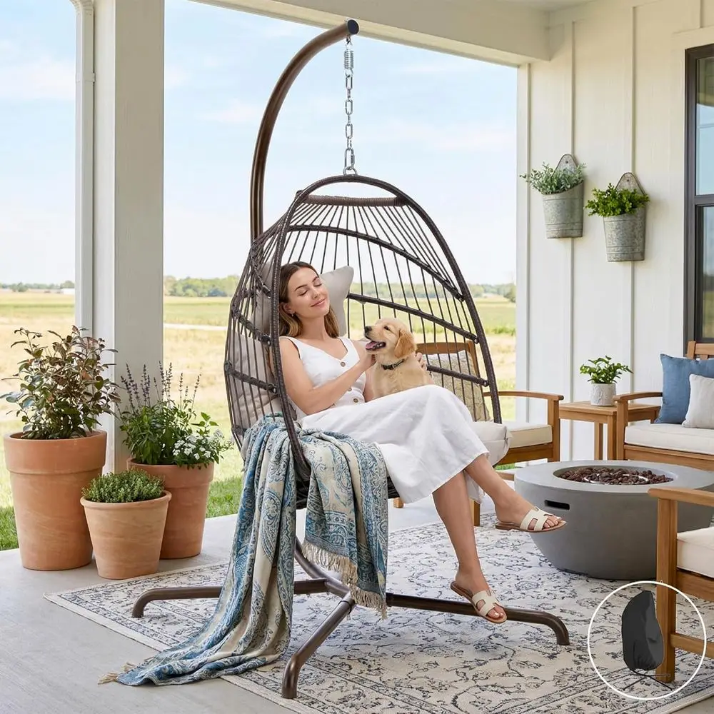 Durable Rattan Swing Hammock with Stand and Cushion, 350 lbs Capacity, Suitable for Indoor or Outdoor Use