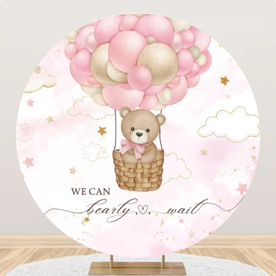 Cartoon Bear Round Backdrop Cover Pink Blue Hot Air Balloons Baby Shower Birthday Party Circle Photography Background Decoration