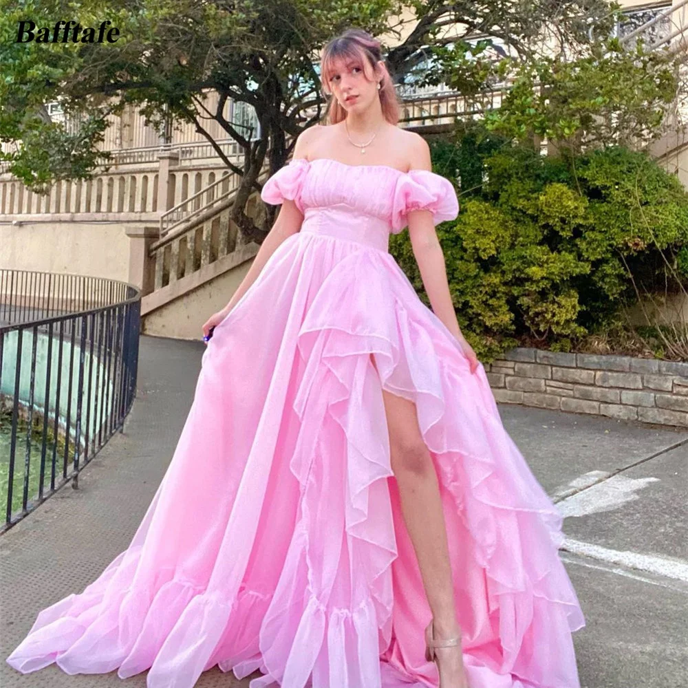 

Bafftafe Pink Organza Women Prom Evening Dresses Short Sleeves Ruffles Slit Corset Back Formal Wedding Party Engagement Gowns