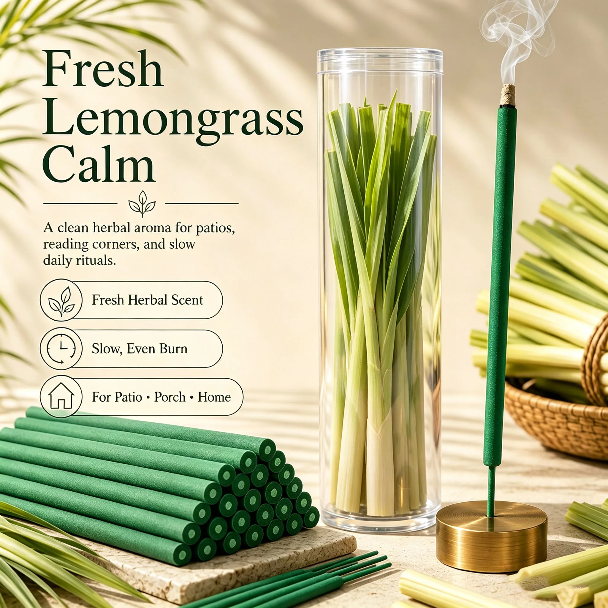 27cm Lemongrass and Mint Colored Incense Sticks, Thick 7mm Incense, Pack of 20/40/225 Pieces, Large Green Incense Sticks, Fresh Herbal Scent, Burns Slowly and Evenly, Decorative Incense, Suitable for Garden, Porch, Bac