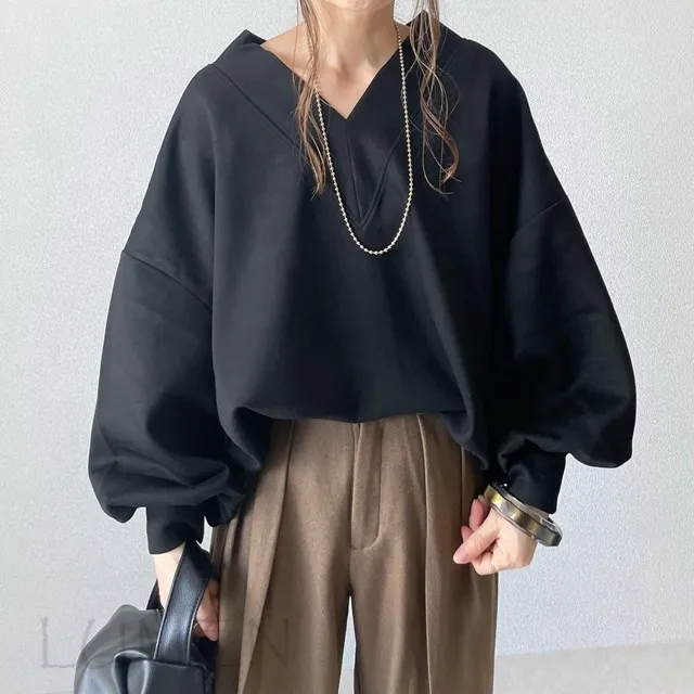 

Vintage Elegant Mujer Spring Autumn Loose Patchwork T-shirt Women Tops Solid V Neck Japan Style Batwing Sleeve T-shirts 2025