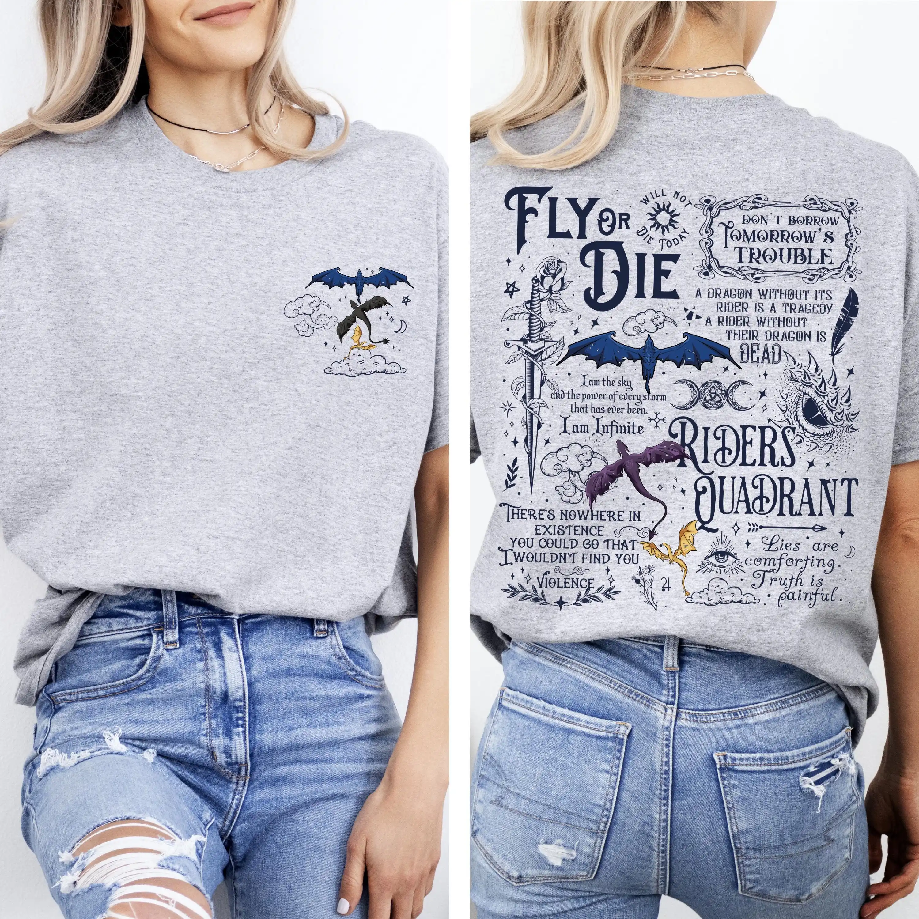 Fourth Wing Fly Or Die T-shirt Double Sided Print Riders Quadrant Dragon Fantasy BookTok Graphic Tees Unisex Oversized T Shirts