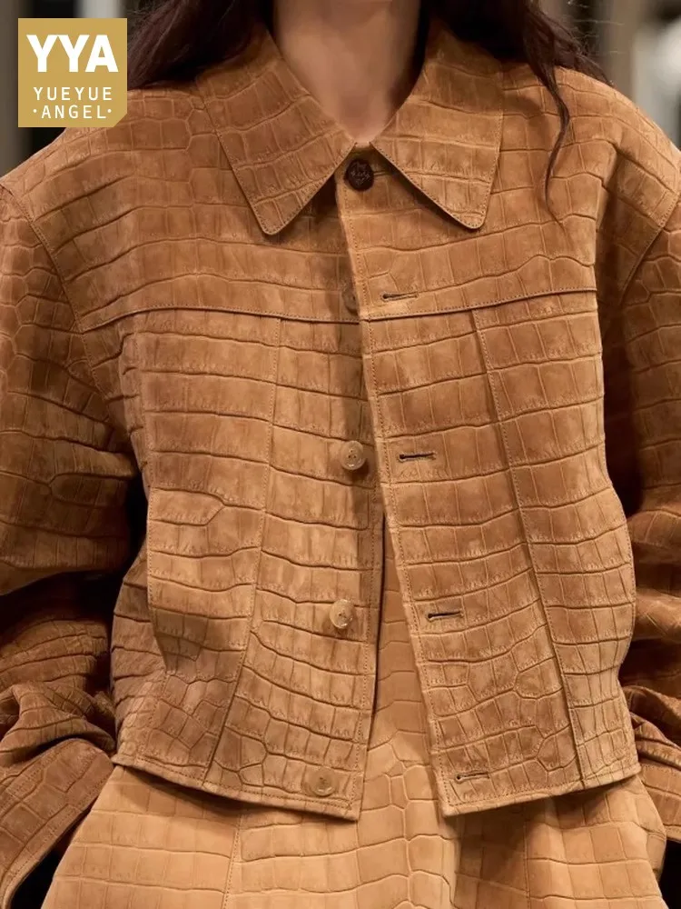 최고급 악어 무늬 디자인 진짜 양가죽 스웨이드 여성 재킷 가을 천연 가죽 코트 시크한 턴다운 칼라 아우터웨어