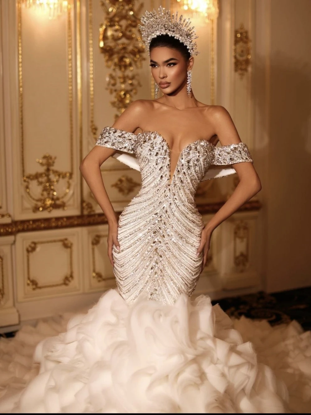 Luxurious Crystals Princess Wedding Dress Stunning Mermaid Ruffles Delicate Off the Shoulder Sweet Chic Bridal Gown Customized