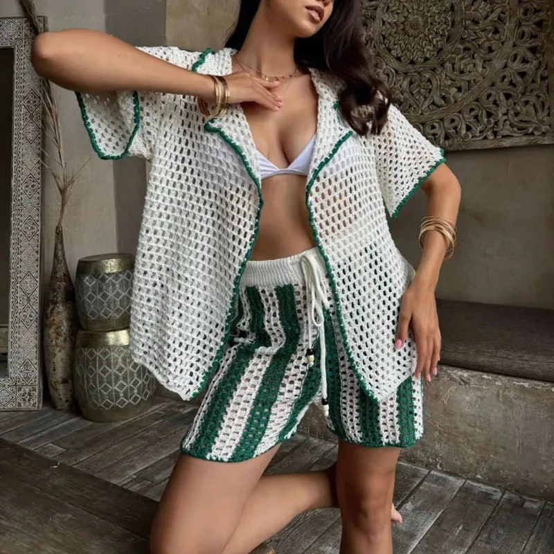 

2025 Summer Knitted Hollow Patchwork Vacation Beach 2 Piece Set Women Turn Down Collar Short Sleeve Cardigan Drawstring Shorts